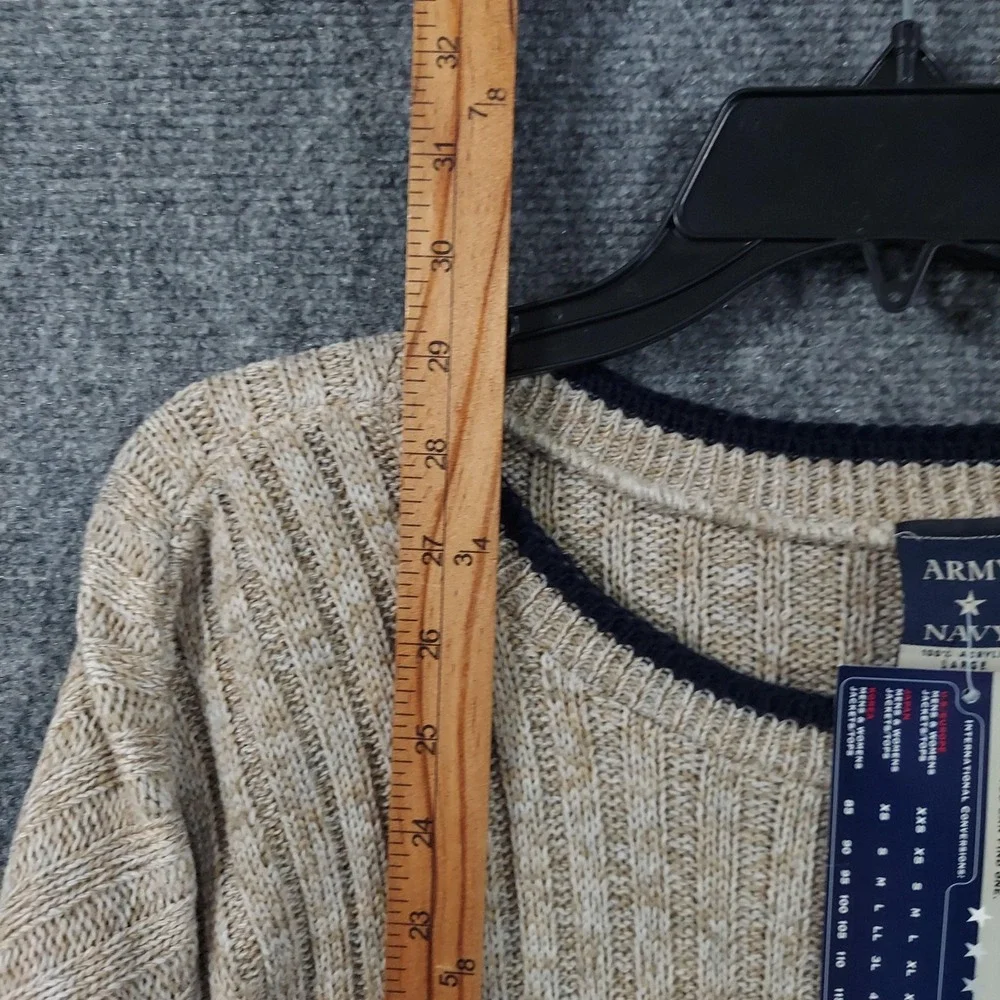 Army Navy Sweater Mens Large Beige Acrylic Striped Sleeve Crewneck Knit Pullover